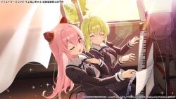 2girls :3 ;d ^_^ ahoge assault_lily backlighting black_pantyhose black_ribbon black_skirt blonde_hair blush breasts closed_eyes closed_mouth commentary_request copyright_notice cropped_jacket crossed_bangs curtains edible_sus endou_araya evening fang frilled_skirt frills from_side glint hair_between_eyes hairband hairpods hand_on_own_chest hands_up high-waist_skirt highres indoors instrument jewelry lens_flare long_hair looking_at_object medium_breasts multiple_girls music neck_ribbon official_art one_eye_closed open_window pantyhose piano pink_eyes pink_hair playing_instrument playing_piano ribbon ring school_uniform sheet_music shirt side-by-side sitting skin_fang skirt smile sparkle tanaka_ichi turning_page white_hairband white_shirt window yurigaoka_girls_academy_school_uniform 