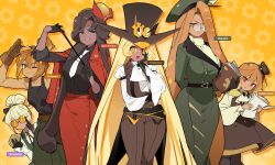  6+girls @_@ absurdres arm_behind_back ascot baguette_cookie belt belt_buckle beret black_belt black_gloves black_pantyhose black_shirt black_tank_top blonde_hair book breasts brown_belt brown_dress brown_eyes brown_gloves brown_hair brown_hat brown_pants brown_vest buckle buttons character_name closed_mouth coffee_candy_cookie collared_shirt commentary cookie_run cookie_run:_ovenbreak croissant_cookie curly_sidelocks dark-skinned_female dark_fondue_cookie dark_skin dress eyepatch food-themed_hair frown gears glasses gloves goggles goggles_on_head goggles_on_headwear green_dress green_hat green_pants hair_between_eyes hair_bun hand_on_own_cheek hand_on_own_face hat high_ponytail highres holding holding_book holding_paper holding_pointer holding_quill humanization jacket jacket_on_shoulders juliet_sleeves large_breasts long_dress long_hair long_skirt long_sleeves looking_at_viewer medium_breasts medium_hair mini_hat multicolored_hair multiple_girls necktie ohta_guk_hip one_eye_closed one_eye_covered open_mouth orange-tinted_eyewear pants pantyhose paper paper_stack parted_lips pencil_skirt pointer ponytail puffy_long_sleeves puffy_sleeves quill red_eyes red_hat red_jacket red_skirt schneeball_cookie shirt short_hair single_hair_bun skirt small_sweatdrop smile sparkle streaked_hair striped_clothes striped_pants sweat tank_top timekeeper_cookie tinted_eyewear twintails vertical-striped_clothes vertical-striped_pants very_long_hair vest white_ascot white_necktie white_shirt yellow_background yellow_eyes 