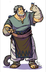  2018 bandaged_wrist bandages beard bird bird_on_hand cat_tail commission connected_beard facepaint facial_hair fire_emblem fire_emblem:_path_of_radiance green_shirt grey_hair highres mordecai_(fire_emblem) muscular muscular_male pants pythonpie sandals shirt signature simple_background smile tail white_background white_pants 