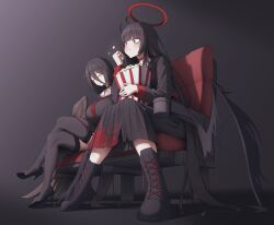  2girls absurdres antenna_hair bags_under_eyes black_boots black_hair black_serafuku black_shoes black_thighhighs black_wings blue_archive blush boots commentary_request crossed_legs eating feathered_wings food hair_between_eyes halo hasumi_(blue_archive) highres knee_boots long_hair long_hair_between_eyes multiple_girls popcorn red_eyes red_halo revision samgong school_uniform serafuku shoes sitting sleeping thigh-highs tsurugi_(blue_archive) untied_shoelaces very_long_hair wings 