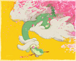  animal_focus border cherry_blossoms closed_mouth dragon drampa full_body holding holding_stick isutai long_neck looking_at_viewer no_humans pink_eyes pink_petals pokemon pokemon_(creature) pokemon_focus simple_background solo stick yellow_background yellow_border 