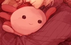  1boy a_date_with_death axolotl bed black_gloves black_shirt casper_(a_date_with_death) close-up gloves grey_jacket highres hugging_object jacket jellyfish_cut lying muscular muscular_male object_focus official_art on_side out_of_frame promotional_art shirt short_hair sleeveless sleeveless_shirt smile striped_clothes striped_sweater stuffed_animal stuffed_toy sweater turtleneck turtleneck_sweater white_hair 