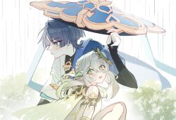  1boy 1girl adam&#039;s_apple arm_at_side armlet armor black_bodysuit blue_cape blue_eyes blue_hat blue_sleeves blunt_ends blush bodysuit bridal_gauntlets bright_pupils cape closed_mouth colored_tips cranberry11_207 cross-shaped_pupils crossed_bangs detached_sleeves dress eyelashes eyeliner eyeshadow feathers fingernails genshin_impact gold gold_trim green_cape green_eyes green_hair green_sleeves grey_bridal_gauntlets grey_hair hair_between_eyes hair_ornament half_crown_braid hat holding holding_unworn_clothes holding_unworn_hat japanese_armor jewelry jingasa kote kurokote layered_sleeves leaf leaf_hair_ornament long_hair looking_back looking_to_the_side makeup multicolored_hair nahida_(genshin_impact) notice_lines open_mouth outdoors pointy_ears pom_pom_(clothes) rain red_eyeliner red_eyeshadow scaramouche_(genshin_impact) short_sleeves side_ponytail sidelocks streaked_hair symbol-shaped_pupils tareme teeth tsurime unworn_hat unworn_headwear upper_teeth_only wanderer_(genshin_impact) white_background white_dress white_hair white_pupils white_sleeves yellow_feathers 