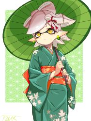  1girl bow-shaped_hair closed_mouth commentary_request earrings floral_print floral_print_kimono food-themed_hair_ornament green_kimono grey_hair hair_ornament highres holding holding_umbrella inkling japanese_clothes jewelry kimono long_pointy_ears long_sleeves marie_(kimono)_(splatoon) marie_(splatoon) medium_hair mole mole_under_eye obi oil-paper_umbrella pointy_ears print_kimono sash solo splatoon_(series) splatoon_2 t2ukmyjm tentacle_hair umbrella umbrella_over_shoulder wide_sleeves yellow_eyes 
