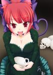  absurdres adapted_costume animal_ears braid breasts cat_ears cat_tail cleavage extra_ears fangs highres kaenbyou_rin large_breasts long_hair mutenka open_mouth red_eyes red_hair redhead skull solo tail touhou twin_braids twintails 