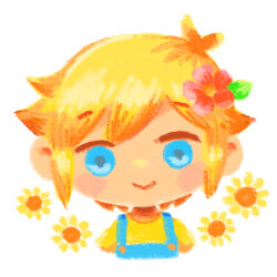  1boy :&gt; alternate_costume antenna_hair basil_(faraway)_(omori) basil_(omori) blonde_hair blue_eyes blue_overalls chibi chibi_only closed_mouth double-parted_bangs flower hair_between_eyes hair_flower hair_ornament looking_at_viewer omori overalls shirt short_hair sidelocks solo sun_iiinu t-shirt upper_body yellow_shirt 
