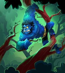  1boy absurdres beard beast_(x-men) belt black_pants blue_fur blue_hair blue_skin brett_bean bush climbing climbing_tree colored_skin facial_hair forest full_beard glasses green_background hairy hanging hanging_from_tree hanging_on_arm highres leaf male_focus marvel marvel_snap monster_boy muscular muscular_male nature official_art outdoors pants short_hair solo teeth thick_arm_hair thick_beard thick_chest_hair thick_leg_hair topless_male tree tusks very_hairy wilderness x-men yellow_eyes 