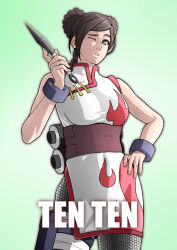  1girl balcony bracelet braid braided_bun braided_ponytail breasts brown_eyes character_name chinese_clothes commentary_request contrapposto cowboy_shot double_bun green_background hair_bun hand_on_own_hip highres holding holding_kunai holding_weapon jewelry kunai medium_breasts naruto:_the_last naruto_(series) one_eye_closed saburo_des scroll solo tenten_(naruto) weapon 