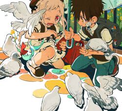  1boy 1girl ;d animal_on_arm animal_on_shoulder aqua_hair backpack bag bag_charm bandaid bandaid_on_cheek bandaid_on_face beret bird bird_feeding bird_on_arm bird_on_shoulder black_bag black_hair black_hat black_shoes black_sweater_vest blue_pants blush book braid charm_(object) clefs27 closed_mouth collared_dress collared_shirt colored_tips corn dress flower hair_ornament hanako_(jibaku_shounen_hanako-kun) happy hat highres holding holding_bag holding_umbrella jibaku_shounen_hanako-kun kamome_gakuen_school_uniform long_hair looking_at_animal looking_at_another magatama magatama_hair_ornament mary_janes multicolored_hair neck_ribbon necktie official_alternate_costume one_eye_closed orange_eyes outdoors pants pigeon pink_eyes puffy_short_sleeves puffy_sleeves randoseru red_bag ribbon school_uniform shared_umbrella shirt shoes short_bangs short_hair short_sleeves sidelocks smile socks squatting stone_floor striped_necktie striped_ribbon sweater_vest twin_braids two-tone_hair umbrella white_bird white_dress white_hair white_shirt white_socks yashiro_nene yellow_flower 