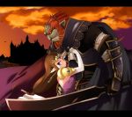  aro blue_eyes brown_hair cape ganondorf height_difference letterboxed long_hair nintendo pointy_ears princess_zelda red_hair redhead sword the_legend_of_zelda twilight_princess weapon 
