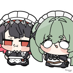  2girls :3 apron black_hair blank_eyes blush chain chibi chibi_only closed_mouth colored_inner_hair corin_wickes ellen_joe food food_on_face full_body green_hair hair_ornament hairband highres long_hair looking_at_another maid maid_apron maid_headdress metal_hairband multicolored_hair multiple_girls open_mouth red_eyes screw_hair_ornament shark_girl shinonome_nashi short_eyebrows short_hair simple_background spiked_headband thick_eyebrows twintails twitter_username white_apron white_background zenless_zone_zero 