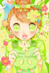  1girl 2015 :o animal bamboo_shoot blush bow brown_hair commentary_request earrings flower flower_earrings green_background green_bow green_eyes green_flower green_kimono green_theme hair_bow hair_bun hair_flower hair_ornament happy_new_year highres holding holding_animal japanese_clothes jewelry kimono long_sleeves looking_at_viewer original pink_flower ryokuno_green sheep short_hair single_hair_bun swept_bangs teeth upper_body upper_teeth_only wide_sleeves 