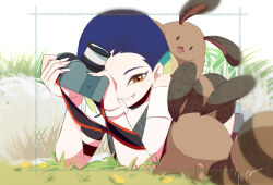  1girl bare_shoulders black_choker blue_hair bob_cut brown_eyes brown_fur camera choker flower gradient_hair green_hair grey_shirt grey_sports_bra grin holding holding_camera isutai looking_at_another multicolored_hair on_grass outdoors perrin_(pokemon) photographer pokemon pokemon_(creature) pokemon_sv sentret shirt short_hair simple_background sleeveless smile sports_bra upper_body watch watch white_nails yellow_flower 