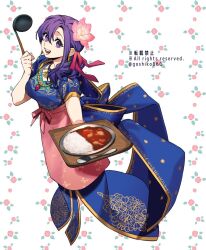  1girl apron blue_bow bow breasts earrings fate/grand_order fate_(series) floral_background flower food full_body goshiko86g hair_flower hair_ornament hair_ribbon holding holding_spoon holding_tray indian_clothes jewelry long_hair looking_at_viewer medium_breasts necklace parvati_(fate) pink_apron purple_hair red_ribbon ribbon short_sleeves smile solo spoon teeth tray violet_eyes waist_apron 