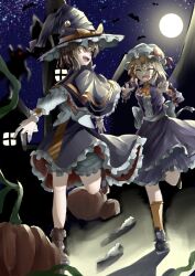  2girls ^_^ alternate_costume alternate_headwear ascot bat_(animal) black_capelet black_shoes black_skirt boots bow brown_boots brown_socks buttons capelet closed_eyes collar commentary commentary_request dress fang frills halloween happy hat hat_bow hat_ribbon maribel_hearn mob_cap moon multiple_girls muraryo night night_sky open_mouth orange_ascot orange_bow outdoors pumpkin purple_dress red_bow red_eyes red_ribbon ribbon sash shirt shoes short_hair skirt sky socks star_(sky) touhou usami_renko white_bow white_collar white_hat white_sash white_shirt witch_hat 