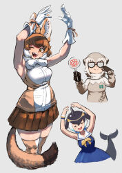 3girls animal_ears arms_up bare_shoulders black_hair blonde_hair blowhole blue_dress blue_hair blush bow bowtie brown_eyes brown_gloves brown_hair brown_shirt brown_skirt brown_thighhighs cetacean_tail closed_eyes common_dolphin_(kemono_friends) cowboy_shot dhole_(kemono_friends) dog_ears dog_girl dog_tail dolphin_girl dorsal_fin dress fins fish_tail fur_collar glasses gloves grey_background grey_hair grey_sweater hair_between_eyes hatch_(hatch_box) head_fins highres kemono_friends long_sleeves looking_at_viewer meerkat_(kemono_friends) meerkat_ears monkey_ears monkey_girl multicolored_hair multiple_girls one_eye_closed open_mouth pleated_skirt sailor_collar sailor_dress shirt short_hair sidelocks skirt sleeveless smile sweater tail thigh-highs turtleneck turtleneck_sweater two-tone_hair two-tone_sweater two-tone_thighhighs white_bow white_bowtie white_fur white_gloves white_hair white_shirt white_thighhighs wristband yellow_bow yellow_bowtie zettai_ryouiki