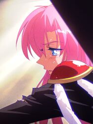  1girl black_jacket blue_eyes epaulettes highres jacket long_hair long_sleeves parted_lips pink_hair reaching shoujo_kakumei_utena solo sonnambulo777 sweat tenjou_utena torn_clothes torn_sleeves 