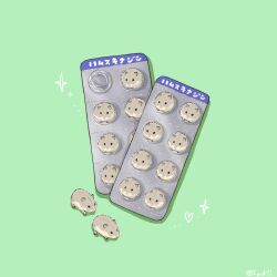  animal-themed_food drugs green_background hamster heart no_humans object_focus original simple_background sparkle translation_request upiupisyo variant_set yami_kawaii 