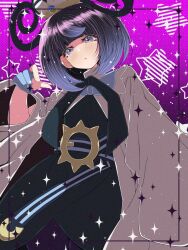  1girl black_dress black_hair blue_gloves blunt_bangs blush bob_cut coat dress fujiwara_hiro_(kaede_ciao) gloves gradient_hair gwynn_(pokemon) hat highres long_sleeves looking_at_viewer mega_stone multicolored_hair open_clothes open_coat open_mouth pantyhose partially_fingerless_gloves pokemon pokemon_legends:_z-a purple_hair short_hair solo violet_eyes white_coat 