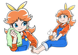  1girl barefoot blue_eyes blue_overalls brown_hair earrings flower_earrings highres holding holding_towel jewelry junnosu long_hair mario_kart mario_kart_tour multiple_views nail_polish orange_nails orange_shirt overalls princess_daisy princess_daisy_(farmer) shirt simple_background sitting super_mario_bros. towel white_background 