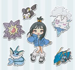  1girl :d black_hair blue_hoodie chibi chibi_only clawitzer cube_hair_ornament emolga eneko_(olavcnkrpucl16a) hair_ornament highres hood hood_down hoodie leggings lida_(pokemon) long_hair long_sleeves looking_at_viewer open_mouth pokemon pokemon_(creature) pokemon_legends:_z-a ribbed_socks shoes smile socks starmie tassel topknot vanilluxe vaporeon white_shoes white_socks 