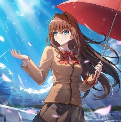  1girl aozaki_aoko blue_eyes blue_sky bow bowtie breasts brown_hair brown_jacket brown_skirt buttons chinese_commentary cityscape clouds collared_shirt commentary dress_shirt facing_viewer falling_petals floating_hair hair_between_eyes hair_intakes highres holding holding_umbrella jacket lapels long_hair long_sleeves looking_to_the_side mahou_tsukai_no_yoru medium_breasts miniskirt outstretched_arm parted_bangs parted_lips petals pink_petals pocket private_misaki_high_school_uniform red_bow red_bowtie red_umbrella school_uniform shenqi_xiao_hong_zai_nali shirt sidelocks skirt sky smile solo striped_clothes striped_jacket umbrella vertical-striped_clothes vertical-striped_jacket white_shirt 
