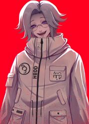  1boy absurdres aotsuki_eito backlighting breast_pocket evil_grin evil_smile glasses grey_hair grin half-closed_eyes hashtag-only_commentary highres jacket keydromeda looking_at_viewer male_focus open_mouth pocket red_background short_hair sleeve_pouch smile solo spoilers the_hundred_line_-last_defense_academy- upper_body violet_eyes white_jacket 