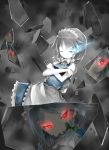  arms_folded blue_eyes blue_hair braid broken_glass clock crossed_arms fire flame fred04142 glass glowing glowing_eyes izayoi_sakuya knife maid maid_clothes maid_headdress mirror red_eyes shards smirk solo the_embodiment_of_scarlet_devil throwing_knife touhou tsurime twin_braids weapon 