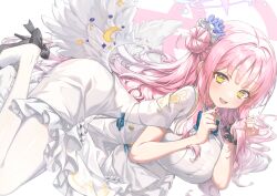  1girl angel_wings black_scrunchie black_shoes blue_archive blue_bow blush bow breasts capelet commentary dress feathered_wings flower footwear_bow hair_bun hair_flower hair_ornament hair_ribbon halo kinos_(kw00789) large_breasts long_hair looking_at_viewer low_wings mary_janes mika_(blue_archive) open_mouth pantyhose pink_hair pink_halo purple_flower ribbon scrunchie shoes simple_background single_side_bun smile solo teeth thighs trinity_general_school_logo white_background white_capelet white_dress white_pantyhose white_ribbon white_wings wings yellow_eyes 