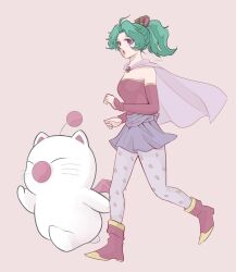  1girl :o ankle_boots bare_shoulders boots brooch cape detached_sleeves final_fantasy final_fantasy_vi green_hair hair_ribbon ika_okura_66 jewelry leaf_print long_hair mog moogle pantyhose pink_background pointy_boots ponytail print_pantyhose purple_cape purple_sash purple_skirt red_boots red_sleeves ribbon running sash simple_background skirt strapless terra_branford violet_eyes waist_sash 