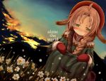  ahoge animal animal_ears belt blush braid brown_hair cloud clouds daffodil ears flower frown grass green_eyes hair_over_shoulder hat icemissile long_hair mariel_(wild_arms) sad sky solo squatting tears twintails wild_arms wild_arms_1 wild_arms_alter_code_f 