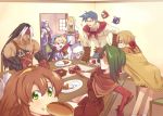  4girls ahoge aisha_bernadette altaecia_valeria angry ashley_winchester belt beverage black_hair blonde_hair blue_hair bow brad_evans breasts brown_hair cloak closed_eyes coat creature crutch eating elbow_gloves everyone eyepatch eyes eyes_closed food gloves goggles goggles_on_head green_eyes green_hair hairband hand_on_hip hat headband hips irving_valeria kanon_(wild_arms) kanon_(wild_arms_2) lilka_eleniak long_gloves long_hair marivel_armitage multicolored_hair multiple_boys multiple_girls muscle open_mouth plate pointing poncho pot puka red_eyes ribbon sako scarf short_hair sitting skirt smile spoon sweat tim_rhymeless vampire white_hair wild_arms wild_arms_2 window yakisobapan 