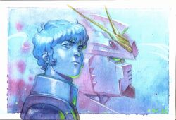  1boy 2025 amuro_ray char&#039;s_counterattack closed_mouth commentary english_commentary from_side green_eyes gundam highres looking_afar male_focus mecha mecha_pilot_suit mobile_suit normal_suit_(gundam) nu_gundam painting_(medium) pretentiousfork robot short_hair signature traditional_media upper_body v-fin watercolor_(medium) 