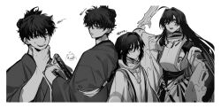  1boy 1other ahoge animalization braid braided_ponytail choker closed_mouth colored_tips cowboy_shot expressionless fate/samurai_remnant fate_(series) frown goshiko86g gradient_hair greyscale hair_between_eyes hand_on_own_chin highres holding holding_sword holding_weapon japanese_clothes jewelry katana kimono long_hair long_sleeves looking_at_viewer looking_to_the_side miyamoto_iori_(fate) monochrome multicolored_hair multiple_expressions multiple_views necklace open_mouth pig short_hair sidelocks sweatdrop sword tassel teeth upper_body upper_teeth_only very_long_hair weapon wide_sleeves yamato_takeru_(fate) yamato_takeru_(third_ascension)_(fate) 