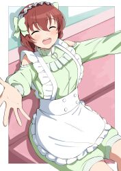  1girl :d ^_^ absurdres apron bare_shoulders border bow braid brown_hair closed_eyes clothing_cutout couch crossed_bangs emma_verde facing_viewer freckles frilled_apron frills green_bow green_jacket green_shorts hair_between_eyes hair_bow highres jacket jersey_maid long_hair looking_at_viewer love_live! love_live!_nijigasaki_high_school_idol_club low_twin_braids maid official_alternate_costume on_couch open_mouth outside_border outstretched_arms shorts shoulder_cutout sitting smile solo twin_braids uchuu_no_mozuku unconventional_maid waist_apron white_apron white_border 
