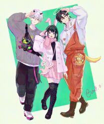 1girl 2boys absurdres animal_ears arm_up bag black_eyes black_hair black_pants black_shirt blue_eyes boots cheng_xiaoshi closed_mouth coat earmuffs fake_animal_ears full_body green_background grin hair_ornament halo hand_up headphones highres hood hood_down hoodie horns jacket jewelry long_hair long_sleeves looking_at_viewer lu_guang multiple_boys necklace open_mouth overalls pants pink_bag pink_scarf pink_skirt qiao_ling rabbit_ears salute scarf shiguang_dailiren shirt shoes short_hair shoulder_bag skirt smile standing sweater tail thigh-highs uin9_0 white_coat white_hair white_hoodie white_jacket white_sweater 