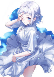  1girl blue_eyes blush braid closed_mouth commentary_request dress enu_illustip frilled_dress frills gakuen_idolmaster grey_hair hand_over_eye idolmaster katsuragi_lilja looking_at_viewer short_hair sidelocks skirt_hold smile solo white_dress 