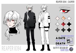  1boy a_date_with_death absurdres aegyo_sal ahoge black_gloves black_jacket black_shirt boots casper_(a_date_with_death) character_name color_guide copyright_name english_text expressionless full_body gloves hair_over_shoulder highres jacket jellyfish_cut multiple_views official_art parted_lips promotional_art red_eyes reference_sheet shirt standing white_hair 