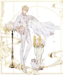  1boy absurdres alkaid_mcgrath blonde_hair bouquet bow bowtie bridal_veil cat chinese_commentary chinese_text closed_mouth cuff_links floral_background flower full_body gloves green_eyes groom hair_behind_ear hair_between_eyes half_gloves hand_up highres holding holding_bouquet holding_veil jacket lapel_pin lapels long_sleeves looking_at_viewer lovebrush_chronicles male_focus medium_hair nieorst pants peaked_lapels pink_flower pink_rose ragdoll_(cat) rose see-through_clothes see-through_veil shirt shoes sideways_glance smile smoke solo standing star_button suit tuxedo_shirt vase veil wallet_chain white_background white_bow white_bowtie white_gloves white_jacket white_pants white_shirt white_shoes white_suit white_veil 