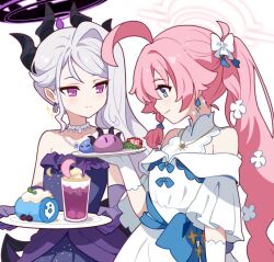  2girls black_halo blue_archive dress elbow_gloves gloves halo hina_(blue_archive) hina_(dress)_(blue_archive) hoshino_(blue_archive) ideolo long_hair multiple_girls off_shoulder pink_hair pink_halo purple_dress purple_gloves simple_background standing violet_eyes white_background white_hair 