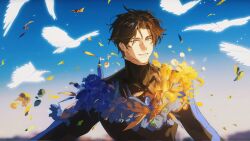  1boy animal batman_(series) bird black_hair blue_eyes bodysuit chashu_gu_lao_ge_tang commentary dc_comics dick_grayson dove falling_petals flower flower_wreath highres long_sleeves looking_at_viewer male_focus nightwing outdoors parted_hair petals short_hair sky smile solo superhero_costume symbol-only_commentary teeth upper_body white_bird yellow_flower 