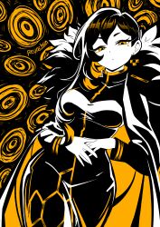  1girl absurdres big_bird_(project_moon) binah_(project_moon) black_cape black_dress black_hair blonde_hair cape colored_inner_hair dress earrings gold_trim hexagon_print highres jewelry library_of_ruina limited_palette long_sleeves multicolored_hair project_moon revachan solo yellow_eyes 