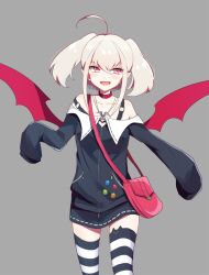  1girl :d ahoge animal_ear_legwear asymmetrical_legwear badge bag bare_shoulders belt_collar black_jacket black_skirt black_thighhighs blush breasts button_badge cat_ear_legwear collar collarbone colored_tips cowboy_shot demon_wings dyed_ahoge fangs grey_background grey_hair hair_between_eyes handbag highres jacket jewelry makaino_ririmu makaino_ririmu_(2nd_costume) medium_hair miniskirt mismatched_legwear multicolored_hair necklace nijisanji off-shoulder_jacket off_shoulder pointy_ears poteo_(ruma_30) red_bag red_collar red_eyes red_streaks red_wings shoulder_bag sidelocks simple_background skirt sleeves_past_fingers sleeves_past_wrists small_breasts smile solo standing strap_slip streaked_hair striped_clothes striped_thighhighs thigh-highs twintails virtual_youtuber white_thighhighs wings zettai_ryouiki zipper zipper_pull_tab 