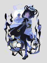  1girl belt black_dress black_hair blue_gloves blunt_bangs bob_cut chandelure closed_mouth coat dress fire gloves gwynn_(pokemon) hat highres kurokawashinrin long_sleeves open_clothes open_coat pantyhose partially_fingerless_gloves pokemon pokemon_(creature) pokemon_legends:_z-a purple_hair short_hair violet_eyes white_coat 