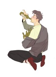  1boy adam&#039;s_apple arm_up bottle chinese_commentary closed_eyes collared_shirt commentary_request dingnin98201637 drinking english_commentary glass_bottle grey_hair grey_jacket high_heels highres holding holding_bottle jacket male_focus marvel mixed-language_commentary peter_b_parker red_shoes shirt shoes short_hair short_sideburns simple_background sitting solo spider-man:_across_the_spider-verse spider-man_(series) spider-verse wariza white_background white_shirt 