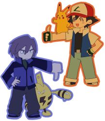  2boys 519luck :d ash_ketchum black_gloves black_hair blue_jacket closed_mouth collared_shirt elekid fingerless_gloves frown gloves hair_between_eyes hat jacket male_focus multiple_boys open_mouth orange_outline outline pants paul_(pokemon) pikachu pokemon pokemon_(anime) pokemon_(creature) pokemon_dppt_(anime) purple_hair purple_outline shirt short_hair simple_background smile thumbs_down thumbs_up white_background 