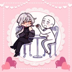  1boy :d a_date_with_death bistro_table black_gloves black_jacket black_shirt blush casper_(a_date_with_death) chair chocolate closed_eyes crossed_legs elbow_rest food full_body gloves hair_over_shoulder heart highres holding holding_chocolate holding_food holding_own_hand jacket jacket_partially_removed jellyfish_cut lace looking_at_another male_focus official_art open_mouth promotional_art red_eyes shirt sitting sleeveless sleeveless_shirt smile sweatdrop variant_set viewer_self-insert white_hair 