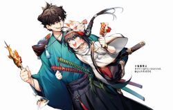  1boy 1other ahoge black_hair black_hakama blue_eyes braid braided_ponytail cowboy_shot fate/samurai_remnant fate_(series) food full_body goshiko86g gradient_hair green_kimono grin hair_intakes hair_over_one_eye hair_tie hakama holding holding_food japanese_clothes katana kimono leaning_on_person long_sleeves mask mask_on_head medium_hair miyamoto_iori_(fate) multicolored_hair parted_lips scabbard sheath short_hair sidelocks smile sweatdrop sword tassel teeth unworn_mask upper_teeth_only weapon white_hair wide_sleeves yamato_takeru_(fate) 