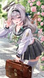  1girl absurdres bag black_sailor_collar black_skirt blush bocchi_(kuropom7) bow breasts cobblestone collarbone commentary_request crossed_bangs day firefly_(honkai:_star_rail) firefly_(spring_missive)_(honkai:_star_rail) flower green_neckerchief grey_eyes grey_hair hair_between_eyes hair_bow hair_ornament highres honkai:_star_rail honkai_(series) large_breasts leaf long_hair long_sleeves looking_at_viewer neckerchief open_mouth outdoors pleated_skirt rose sailor_collar school_bag school_uniform shirt skirt smile solo standing thigh-highs white_shirt white_thighhighs 