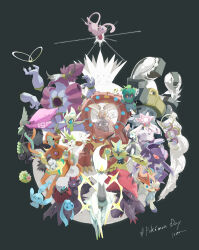  3girls 4others :o animal_ears arceus black_hair black_sclera blue_eyes cat_ears celebi chest_jewel colored_sclera crystal_hair darkrai deoxys deoxys_(normal) diamond_(gemstone) diancie everyone fangs floating floating_hair flower fox fox_ears full_body furry gears gem genesect green_eyes green_hair grey_background grey_eyes grey_fur highres hoopa horns humanoid_robot isutai jirachi looking_at_viewer magearna magearna_(normal) manaphy marshadow melmetal meloetta mew_(pokemon) multiple_girls multiple_others open_mouth phione pink_eyes pink_flower pink_gemstone pink_hair pokemon pokemon_(creature) pokemon_day red_claws red_hair red_sclera robot shaymin simple_background smile standing victini volcanion white_eyes white_hair yellow_fur zarude zeraora zoroark zorua 